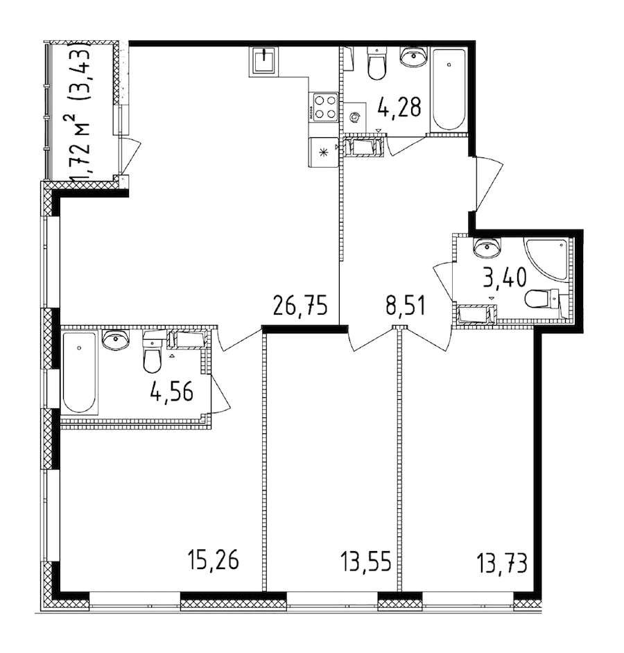 3-комнатная квартира 90.04 м², 14/14 эт., ЖК «Чёрная речка»